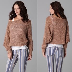 💖Free People Open knit, off the shoulder, M, dolman sleeve, gold/taupe sweater